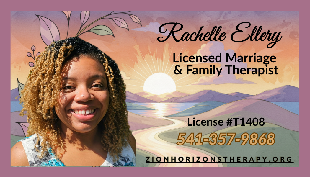 Rachelle Ellery smiling against an illustrated sunrise and mountain landscape. Licensed Marriage and Family Therapist, license T1408, phone 541-357-9868.